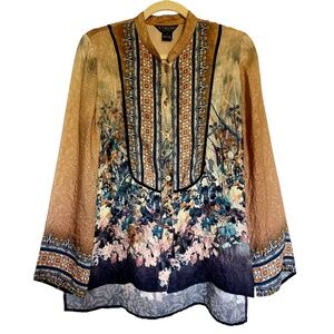 Citron 100% Silk Print Textured Blouse Size Small Art To Wear